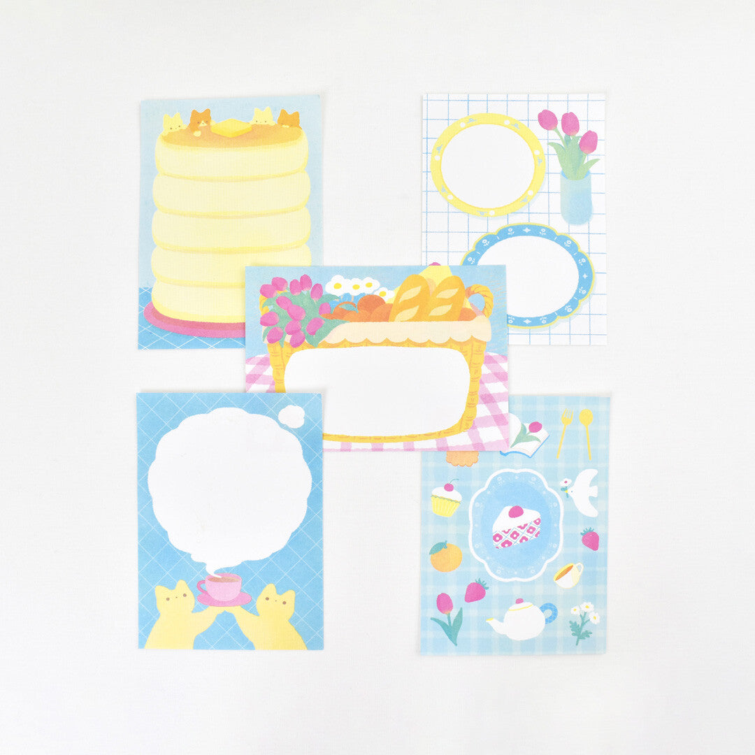 Set of colorful stationery items including a cake, flowers, and cats on a white background, bird, pancake, cat, flowers, cute, pastel, notepad, memopad, hope and letters, japan, nz