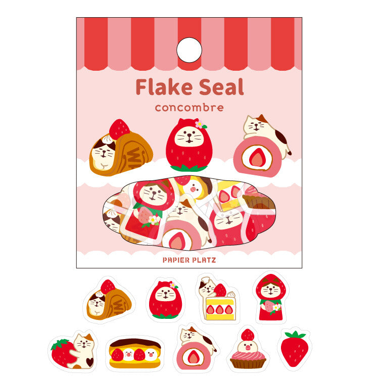 Flake Seal packaging with cartoon food designs on a white background, sticker, strawberry, cute, cake, japan, concombre, hope and letters, nz, cat, kitten
