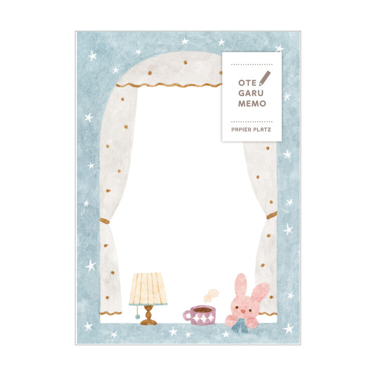 Notebook with a cute illustration of a rabbit, cup, and lamp on a light blue background with white stars, cute, rabbit, notepad, memopad, japan, hope and letters,nz