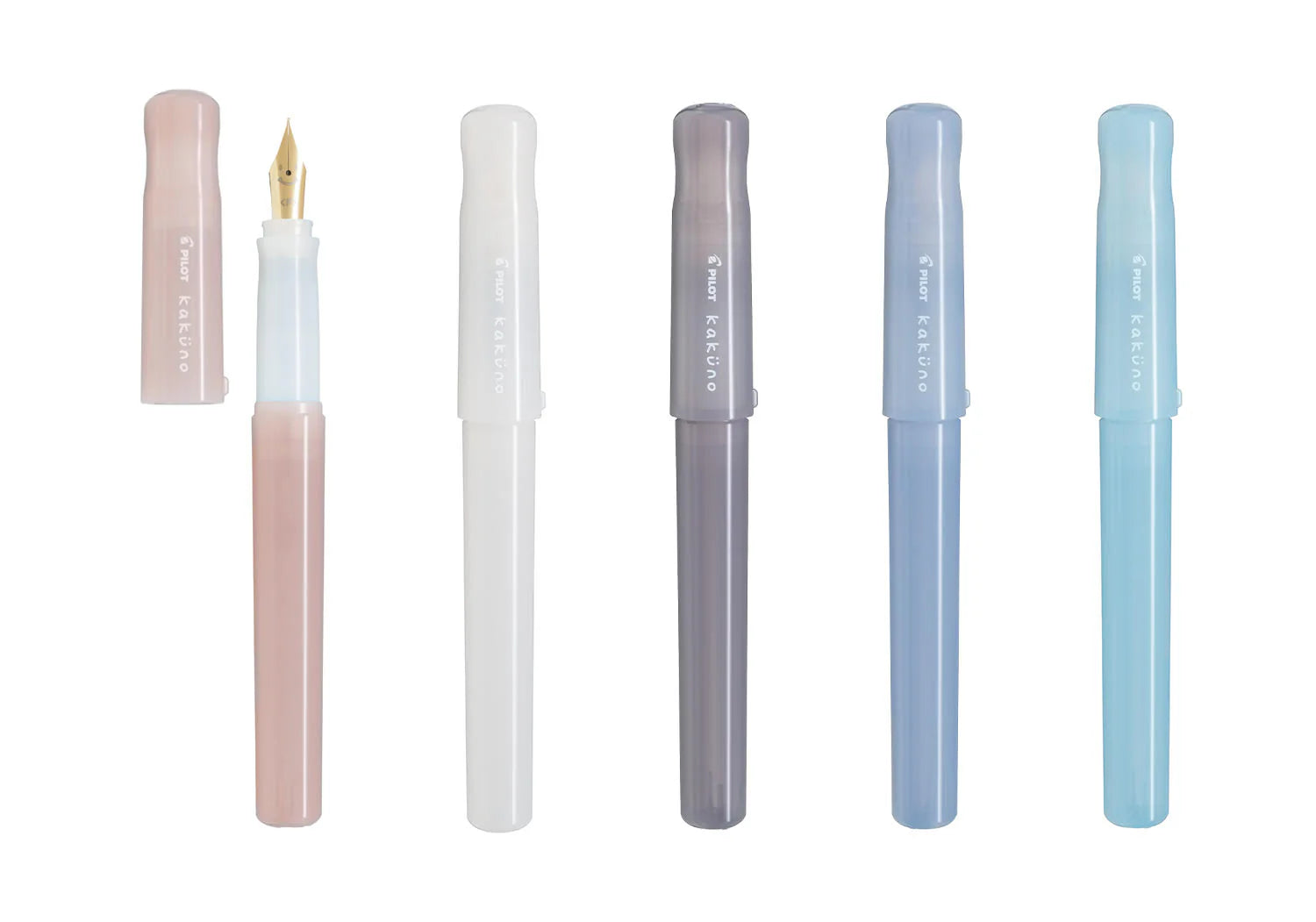 Set of five pilot kakuno fountain pens (madoromi series) with different colored bodies and clear caps on a white background, pastel, nz, pen, writing, ink, hope and letters. pink.