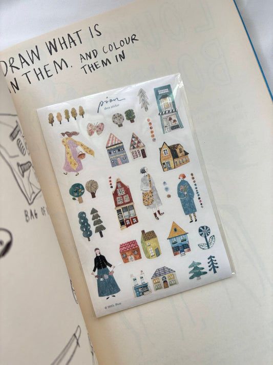 Sheet of illustrated houses and people on a book page with text, pion, die cut, hope and letters, taiwan, nz, girl, tree, houses