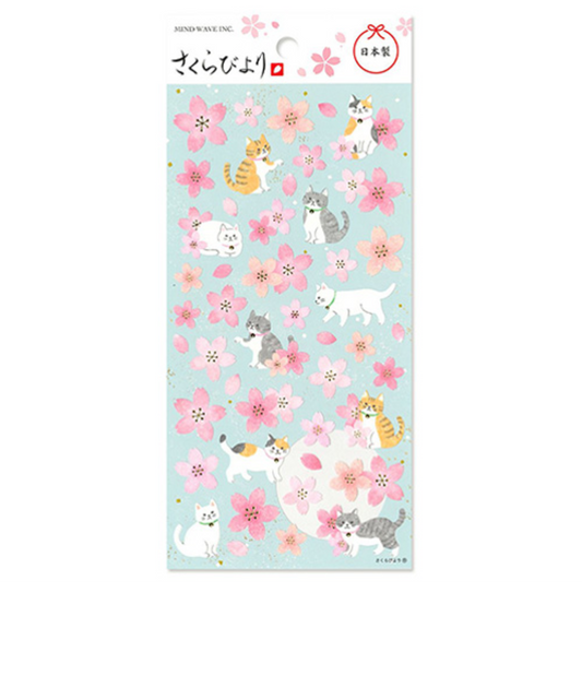 Sheet of decorative stickers with cats and flowers on a light blue background. cute, cat, japan, hope and letters, stickers, spring, flowers, cherry blossom, new zealand, happy, pink, white, nz