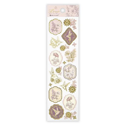 Decorative stickers with floral and nature-themed designs on a white background, bird, Seal-Prier-Colibri, sticker, gold foiled, washi paper, japan, nz