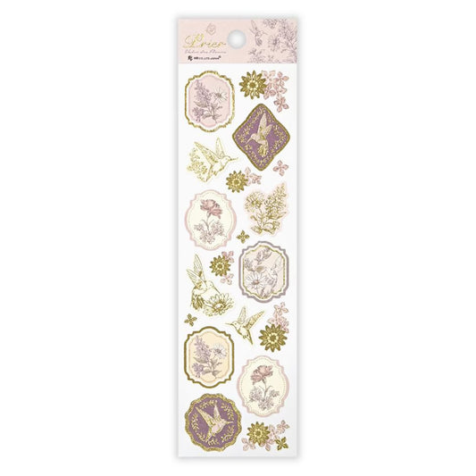 Decorative stickers with floral and nature-themed designs on a white background, bird, Seal-Prier-Colibri, sticker, gold foiled, washi paper, japan, nz