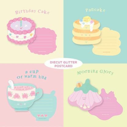 Set of die-cut glitter postcards with illustrations of a birthday cake, pancakes, a cup of coffee, and a pink flower, postcard, nz, hope and letters, card, birthday, cute, pastel, auckland