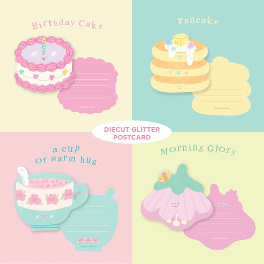 Set of die-cut glitter postcards with illustrations of a birthday cake, pancakes, a cup of coffee, and a pink flower, postcard, nz, hope and letters, card, birthday, cute, pastel, auckland