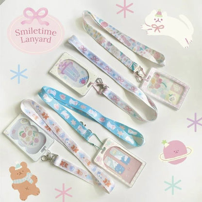 Set of colorful lanyards with keychains on a light background, pastel, lanyard, nz, auckland, cute, card holder, name badges, badges, card, cat,