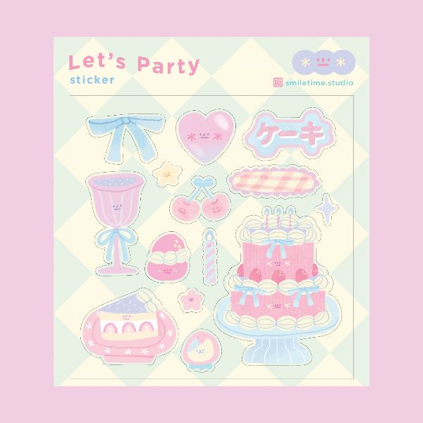 Sticker sheet with pastel-colored party-themed stickers on a light pink background, nz, auckland, cute, pastel, love, hearts, smile, cake, cup, ribbon, sticker, kawaii, japanese