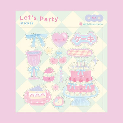 Sticker sheet with pastel-colored party-themed stickers on a light pink background, nz, auckland, cute, pastel, love, hearts, smile, cake, cup, ribbon, sticker, kawaii, japanese