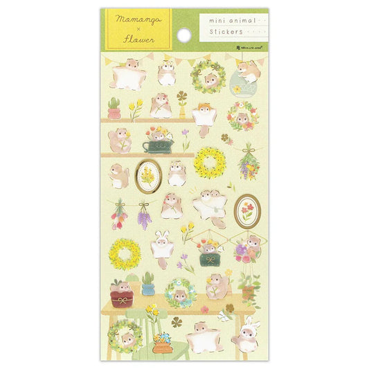 Sheet of decorative stickers with small animal illustrations and floral elements on a light green background, cute, sticker, sticker, japan, hope and letters, flying squirrel, Momonga 
