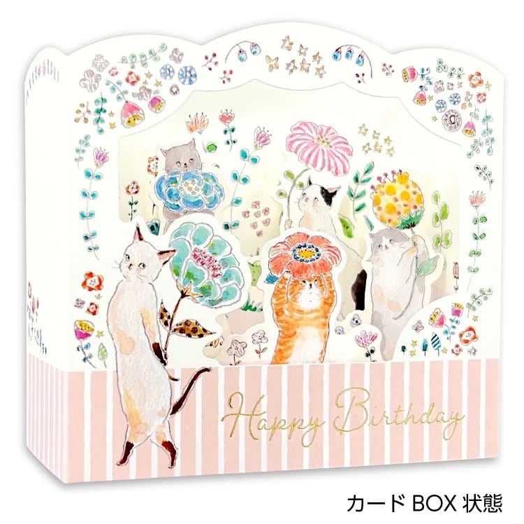 Card box with cat and flower illustrations and 'Happy Birthday' text on a white background, Tocorocomugi, cute, cat, japan, hope and letters, stickers, spring, flowers, cherry blossom, new zealand, greeting card, birthday, happy, pink, white, nz, pop up