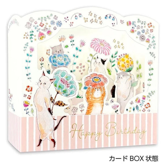 Card box with cat and flower illustrations and 'Happy Birthday' text on a white background, Tocorocomugi, cute, cat, japan, hope and letters, stickers, spring, flowers, cherry blossom, new zealand, greeting card, birthday, happy, pink, white, nz, pop up