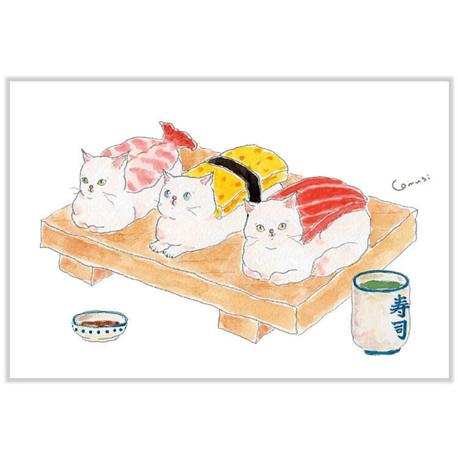 Illustration of cats arranged like sushi on a wooden board with a cup and bowl, tocorocomugi, postcard, cute, nz, hope and letters, card