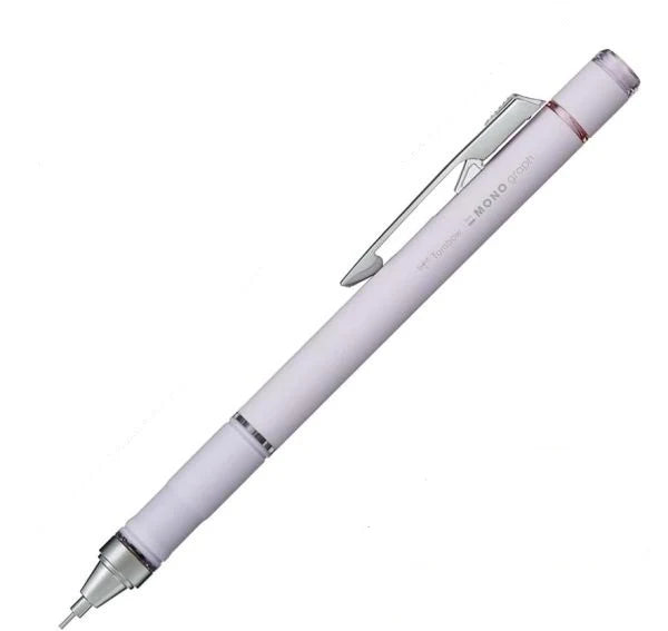 A light lavender Monograph 2000 retractable mechanical shaker pen with a silver clip and tip, shown diagonally on a plain white background. Purple, tombow, japan