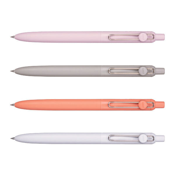 Four retractable ballpoint pens arranged horizontally on a white background, shown in pastel pink, light gray, coral orange, and white. Each pen has a metal clip, a circular end cap, and a silver tip. zento, pen, pastel, gel pen, nz, hope and letters, japan, 0.38