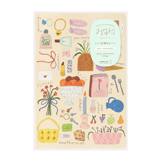 Sheet of decorative stickers with various illustrations on a beige background, midori, yuru log, illustrated cover, cute notebook, journal, nz, japan, plants, flowers, beautiful notebook, japan, fountain pen friendly, nz, new zealand, fruits, colorful, 
