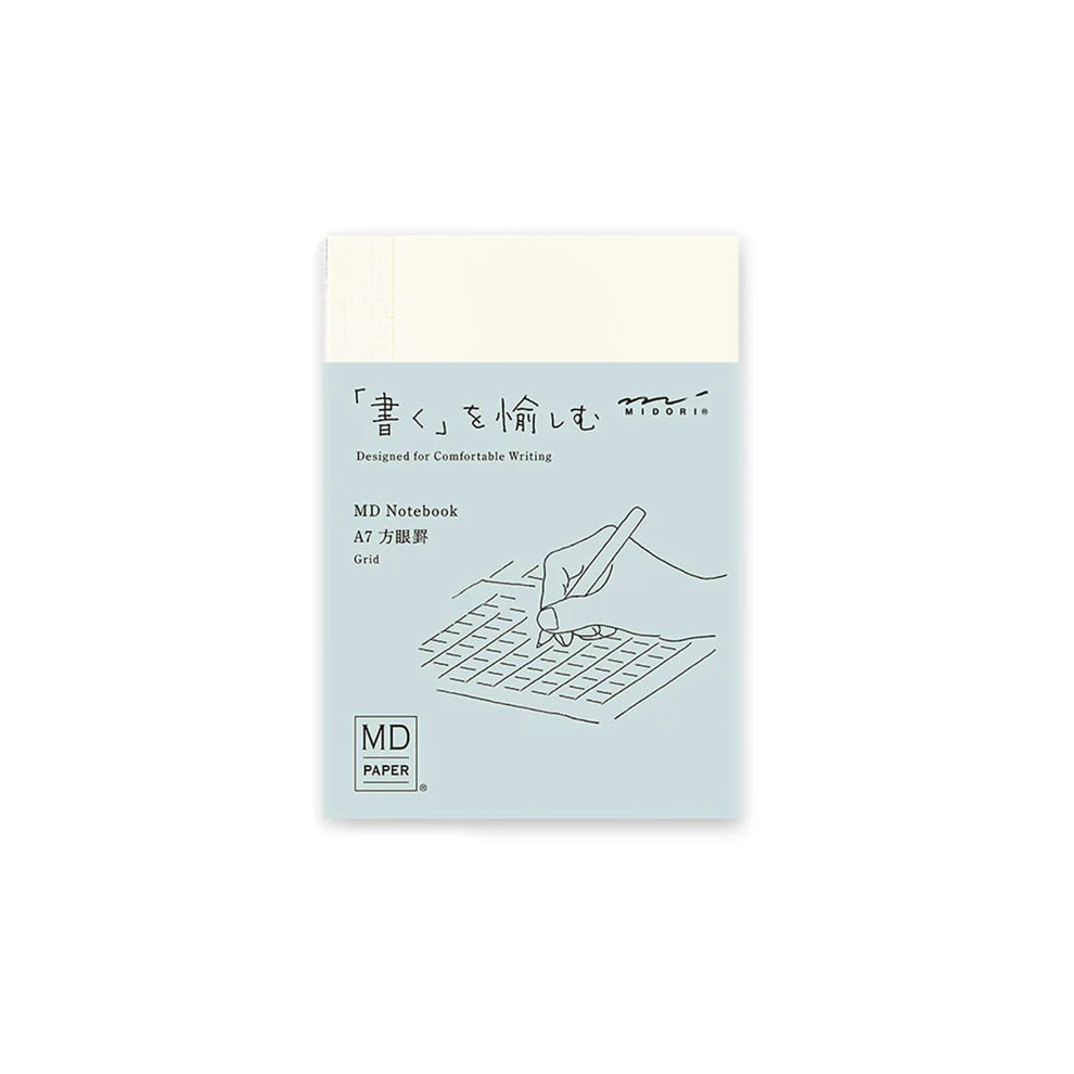 MD Notebook packaging with a minimalist design on a white background, md, notebook, journal, A7, hope and letters, midori, grid, fountain pen, nz
