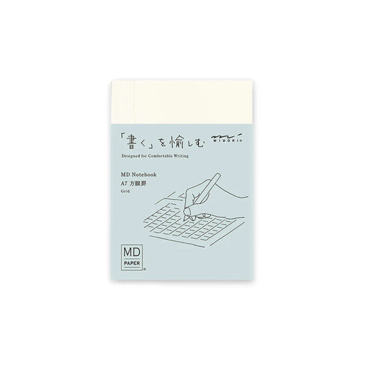 MD Notebook packaging with a minimalist design on a white background, md, notebook, journal, A7, hope and letters, midori, grid, fountain pen, nz