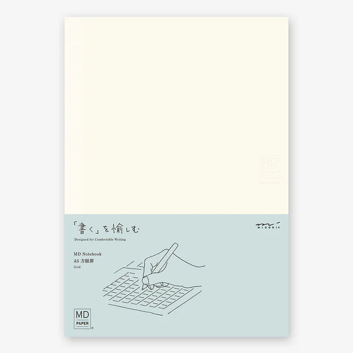 White notebook with a minimalist design and text on a light beige background, midori, md, japan, paper, notebook, sketch book, nz, new zealand, MD paper, blank, a5, grid, 5mm