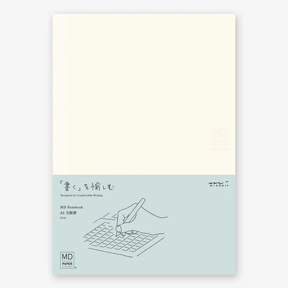 White notebook with a minimalist design and text on a light beige background, midori, md, japan, paper, notebook, sketch book, nz, new zealand, MD paper, blank, a5, grid, 5mm