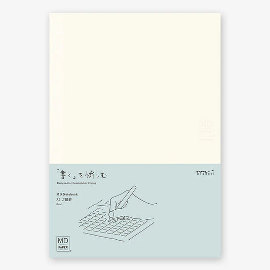 White notebook with a minimalist design and text on a light beige background, midori, md, japan, paper, notebook, sketch book, nz, new zealand, MD paper, blank, a5, grid, 5mm
