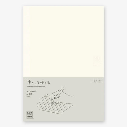 White notebook with a minimalist design and text on a light beige background, midori, md, japan, paper, notebook, sketch book, nz, new zealand, MD paper, blank, a5, lined