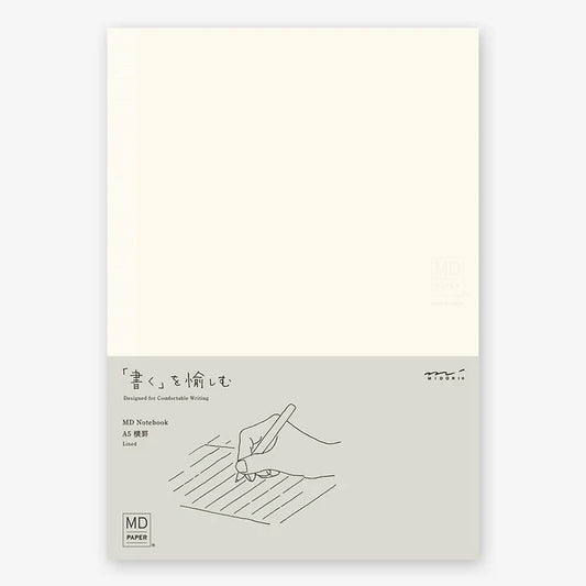 White notebook with a minimalist design and text on a light beige background, midori, md, japan, paper, notebook, sketch book, nz, new zealand, MD paper, blank, a5, lined