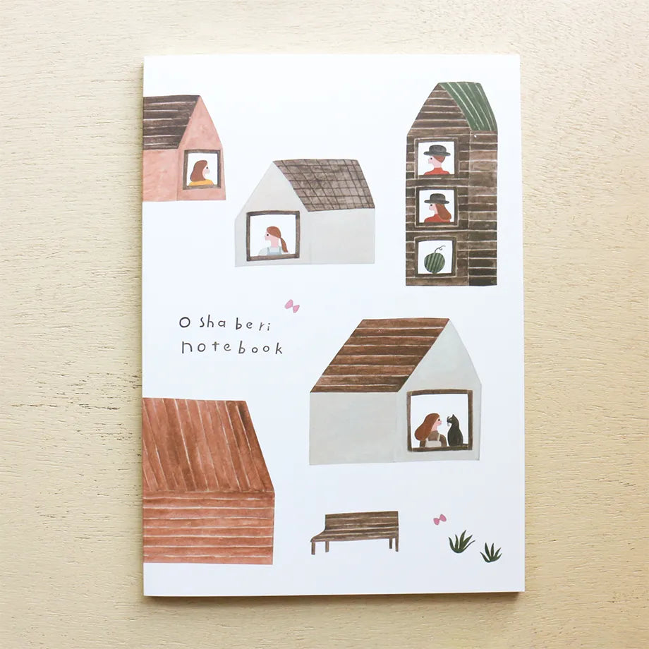 Notebook cover with illustrations of houses and people on a beige background, cute, japan, hope and letters, new zealand, nz, notebook, a5 size