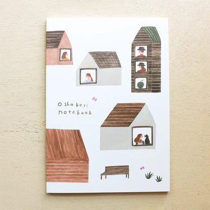 Notebook cover with illustrations of houses and people on a beige background, cute, japan, hope and letters, new zealand, nz, notebook, a5 size