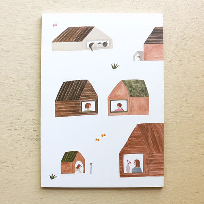 Notebook cover with illustrations of houses and people on a beige background, cute, japan, hope and letters, new zealand, nz, notebook, a5 size