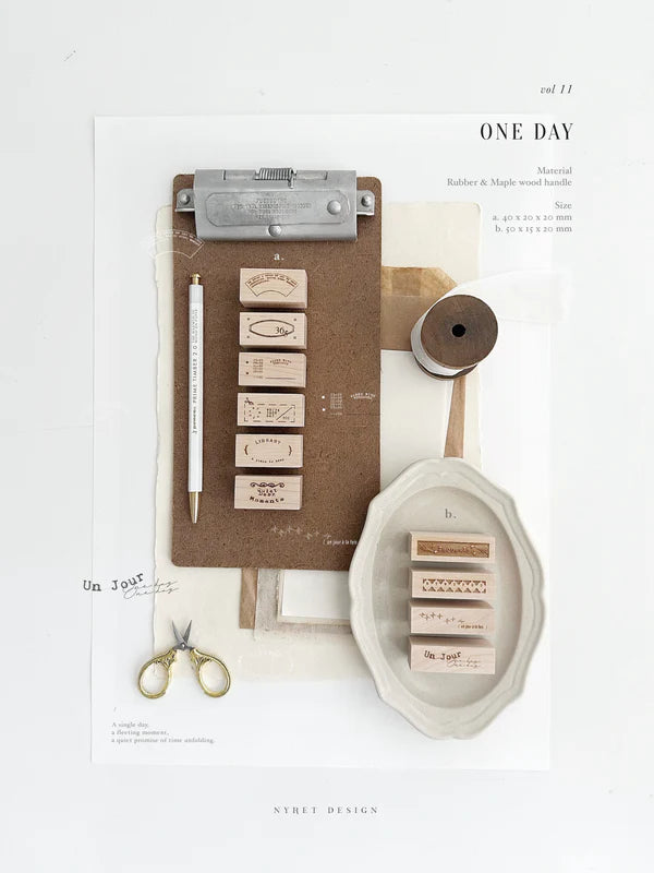 Stationery items including a clipboard, stamps, and scissors on a white background with 'ONE DAY' branding.